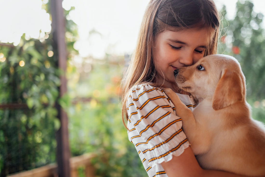 Young girl cuddling a puppy before long-distance pet transport, representing safe and caring pet relocation services.