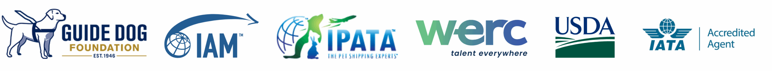Logos of organizations and accreditations partnered with WorldCare Pet Transport, supporting safe and reliable pet relocation services.