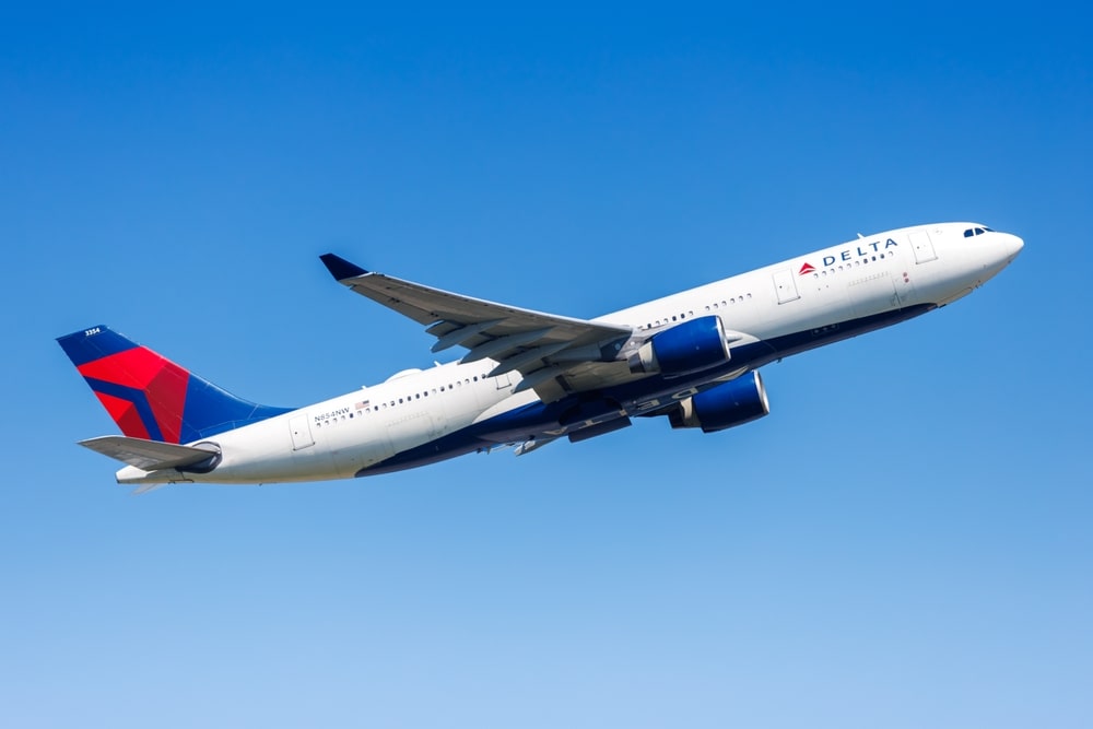 Delta Air Lines jet taking off — overview of Delta’s pet travel policy.