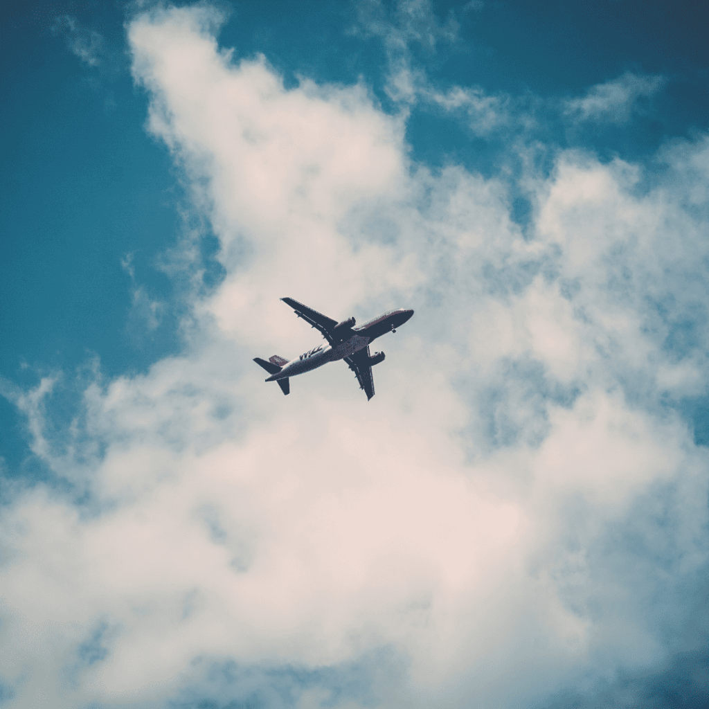 Airplane flying in blue sky, representing international pet relocation.