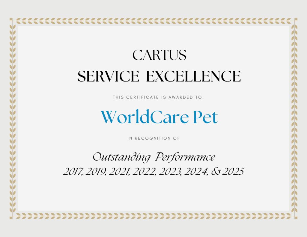 Cartus Service Excellence Award certificate presented to WorldCare Pet for outstanding pet transport performance in 2017, 2019, 2021, 2022, 2023, 2024, and 2025.
